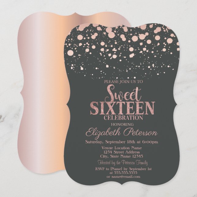 Chic Rose Gold Dots Gray Sweet 16 Einladung (Vorne/Hinten)
