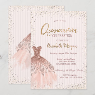 Chic Rose Gold Dress Confetti Stripes Quinceañera Einladung