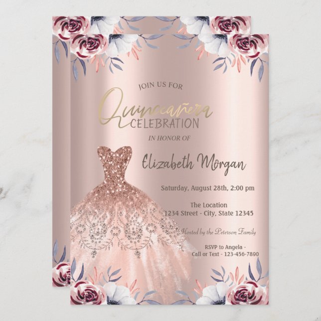 Chic Rose Gold Dress Floral Quinceañera Einladung (Vorne/Hinten)