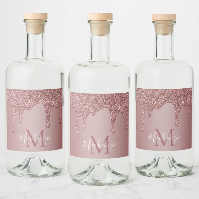 Chic Rose Gold Drilling Glitzer Monogram Alkoholflaschenetikett (Flaschen)