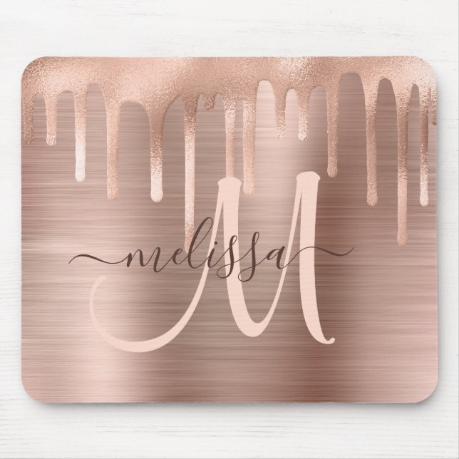 Chic Rose Gold Dripping Brushed Metal Blush Script Mousepad (Vorne)