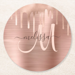 Chic Rose Gold Dripping Brushed Metal Blush Script Runder Pappuntersetzer