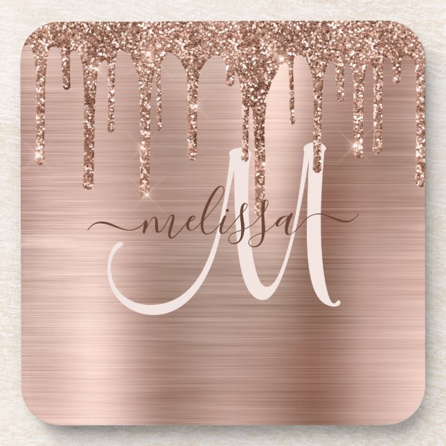 Chic Rose Gold Dripping Glitzer Brushed Metal Glam Getränkeuntersetzer (Vorderseite)