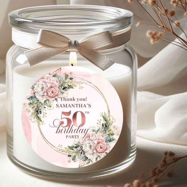 Chic Rose Gold Dusty Pink Floral 50th Birthday   Runder Aufkleber (Chic Rose Gold Dusty Pink Floral 50th Birthday Thank You Stickers

)