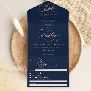 Chic Rose Gold elegante Drehbuch blaue Hochzeit All In One Einladung