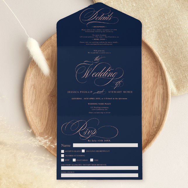 Chic Rose Gold elegante Drehbuch blaue Hochzeit All In One Einladung (Von Creator hochgeladen)