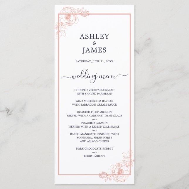 Chic Rose Gold Floral Kontur Navy Blue Wedding Menükarte (Vorderseite)