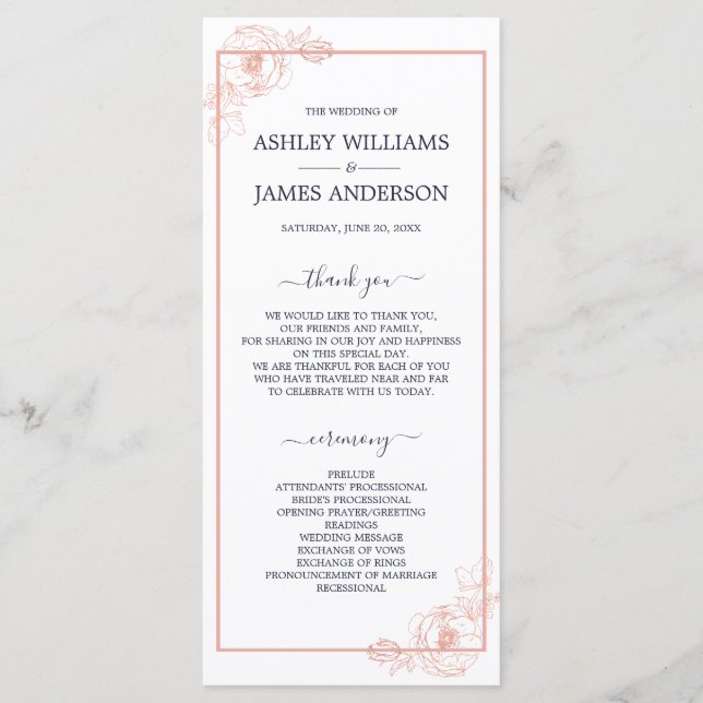 Chic Rose Gold Floral Kontur Navy Blue Wedding Programm (Vorderseite)
