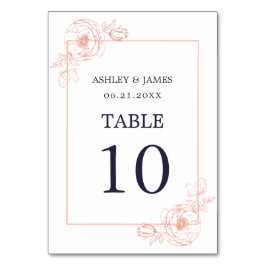 Chic Rose Gold Floral Kontur Navy Blue Wedding Tischnummer