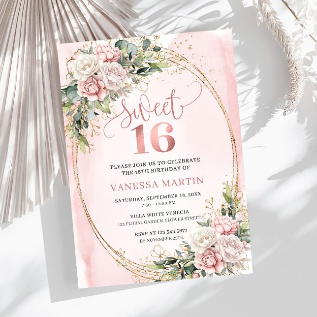 Chic Rose Gold Flowers and Greenery Sweet Sixteen Einladung (Rose Gold Flowers and Greenery Sweet Sixteen Invite)