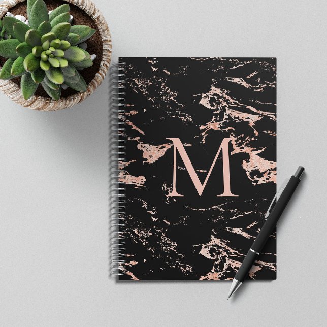 Chic Rose Gold Foil Black Marble Monogram Notizbuch (Von Creator hochgeladen)