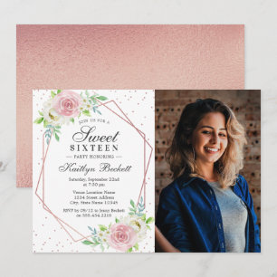 Chic Rose Gold Foil Blumenstrauß Foto Sweet 16 Geb Einladung