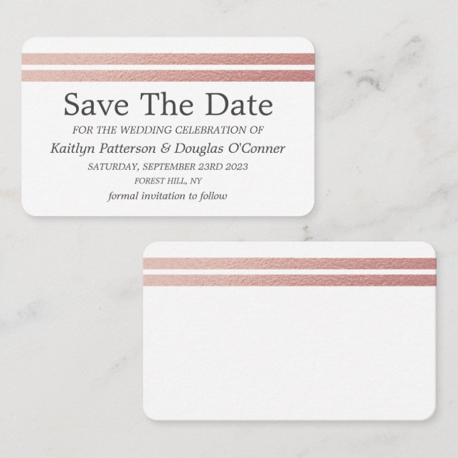 Chic Rose Gold Foil Streifen Save the Date Karte (Vorne/Hinten)