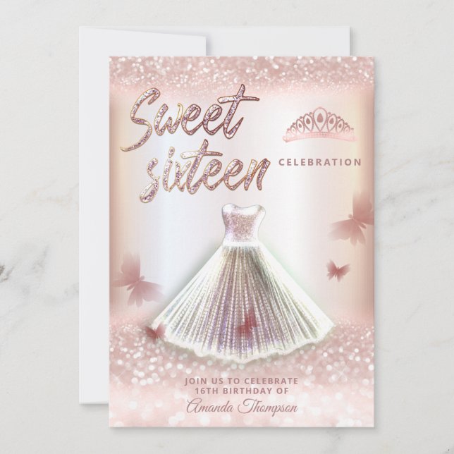 Chic Rose Gold glitterartige Kleidung Schmetterlin Einladung (Vorderseite)