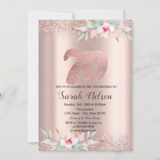 Chic Rose Gold Glitzer Aquarell Blume 70. Einladung