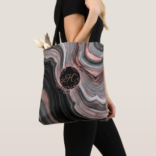 Chic Rose Gold Glitzer Black Marble Monogram Tasche