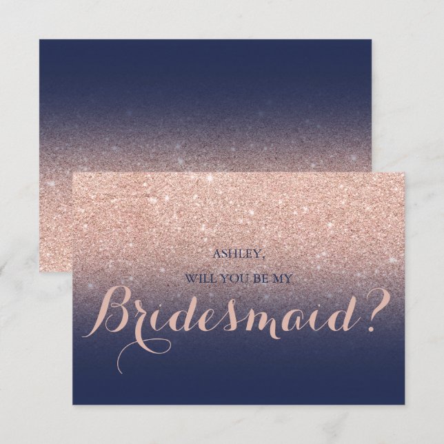 Chic Rose Gold Glitzer blau meine Bridesmaid Einladung (Vorne/Hinten)