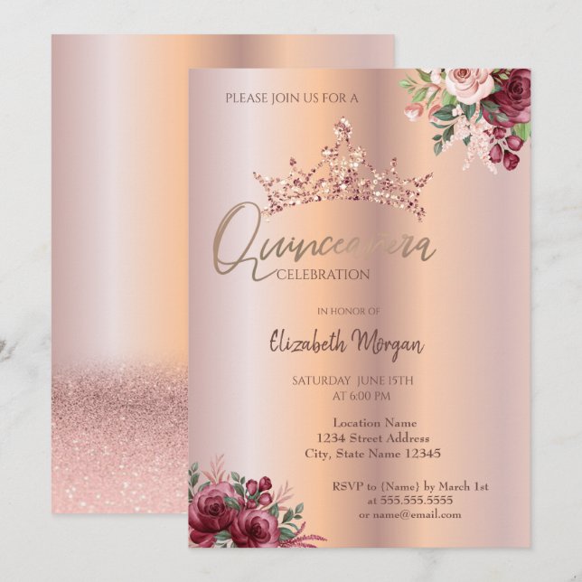 Chic Rose Gold Glitzer Blume Crown Quinceañera Einladung (Vorne/Hinten)