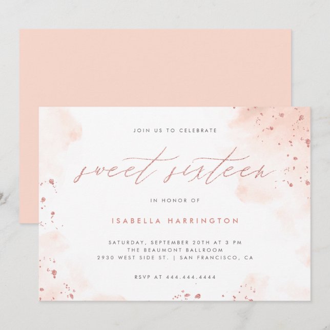 Chic Rose Gold Glitzer Blush Pink Ombre Sweet 16 Einladung (Vorne/Hinten)