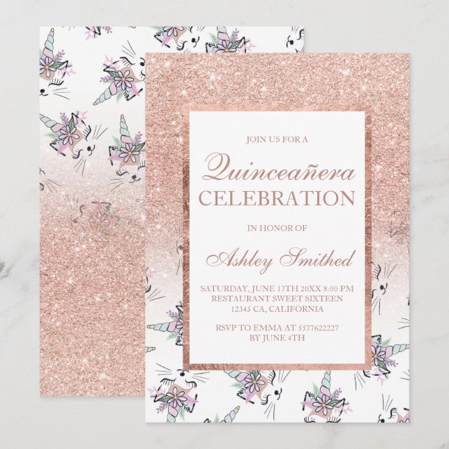 Chic Rose Gold Glitzer Caticorns Quinceañera Einladung (Vorne/Hinten)