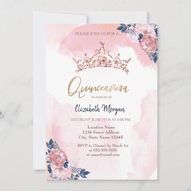 Chic Rose Gold Glitzer Crown Blume Quinceanera Einladung (Vorderseite)