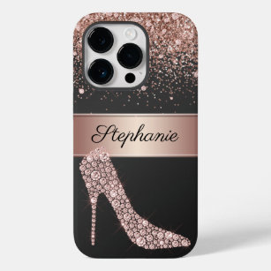 Chic Rose Gold Glitzer Diamond High Heel Shoe Name Case-Mate iPhone 14 Pro Hülle