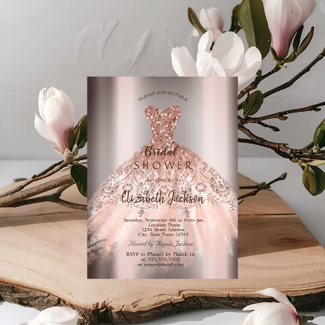 Chic Rose Gold Glitzer Dress, Brautparty Einladung (Von Creator hochgeladen)