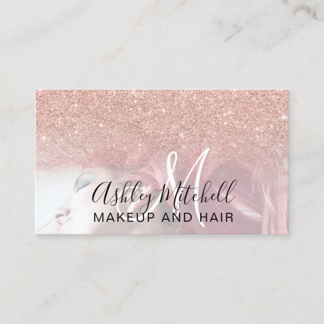 Chic Rose Gold Glitzer Foto Monogramm Makeup Haar Visitenkarte (Vorderseite)