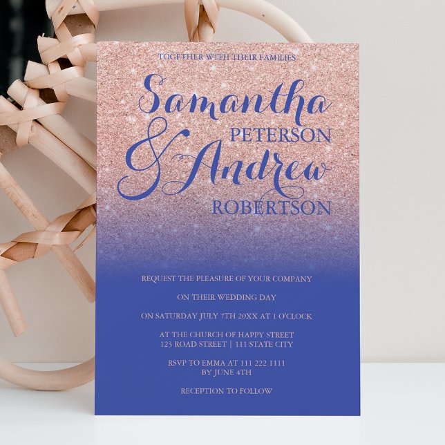 Chic Rose Gold Glitzer königlich blaue Hochzeit Einladung (Von Creator hochgeladen)
