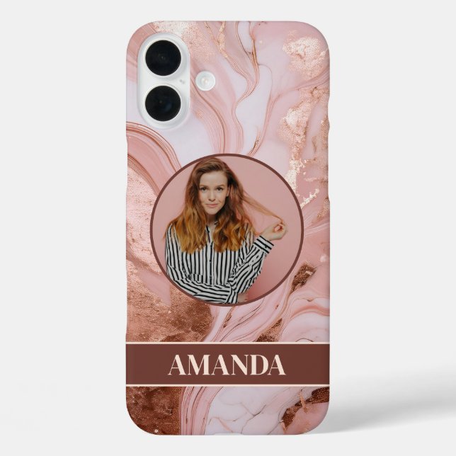 Chic Rose Gold Glitzer Marble Foto iPhone 16 Plus Hülle (Rückseite)
