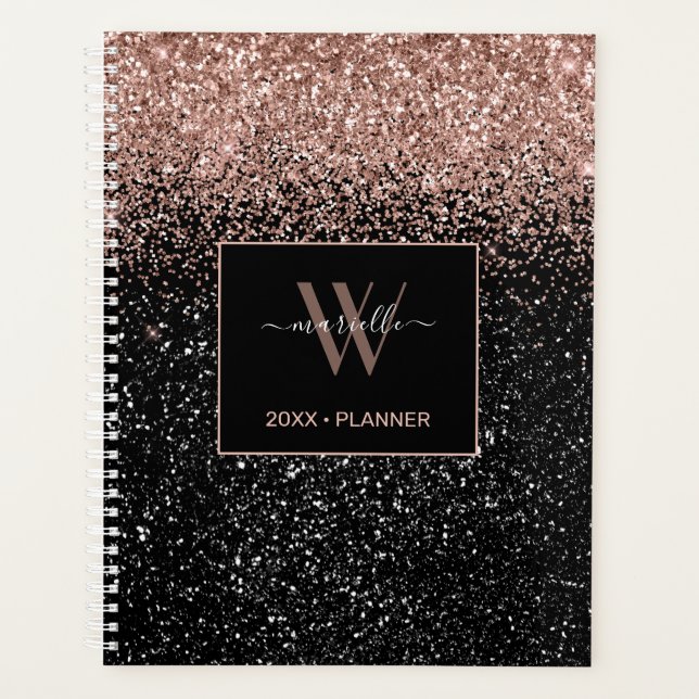 Chic Rose Gold Glitzer Monogram Name 2022 Planer (Vorderseite)
