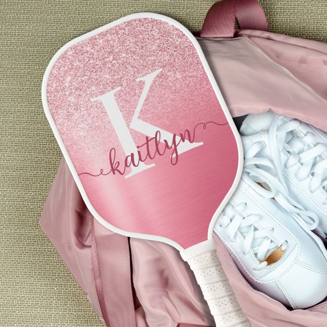 Chic Rose Gold Glitzer Monogram Script Name Pickleball Schläger (Von Creator hochgeladen)