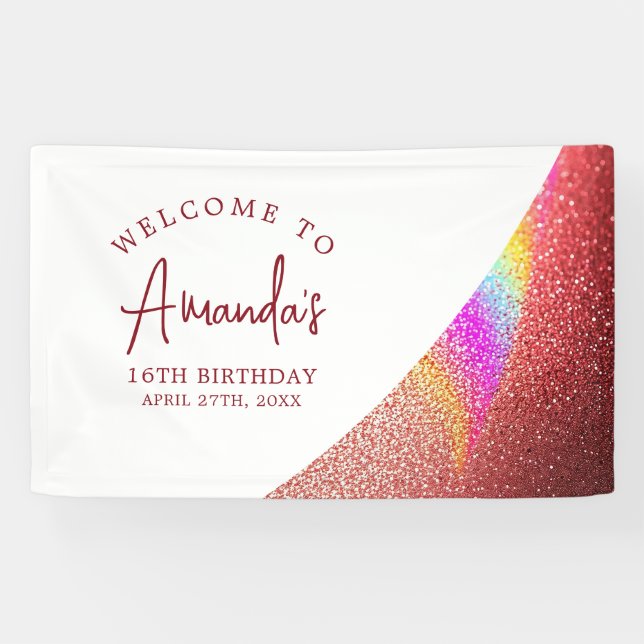 Chic Rose Gold Glitzer Regenbogen Sweet 16 Geburts Banner (Horizontal)