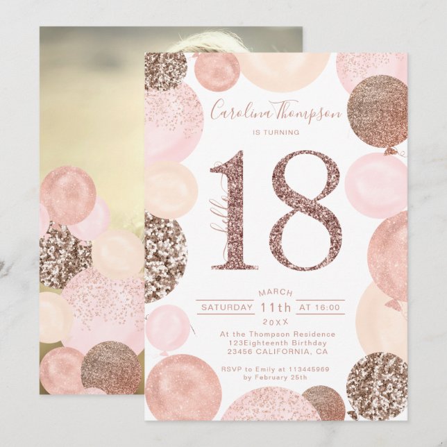 Chic Rose Gold Glitzer Rosa Ballon Foto 18. Einladung (Vorne/Hinten)