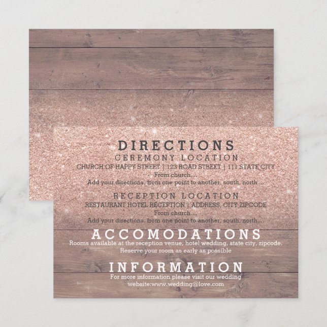 Chic Rose Gold Glitzer rustikale Holzdetails Hochz Einladung (Vorne/Hinten)