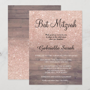 Chic Rose Gold Glitzer rustikales Holz Bat Mitzvah Einladung