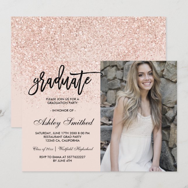 Chic Rose Gold Glitzer Schwarze Graduierung Typogr Einladung (Vorne/Hinten)