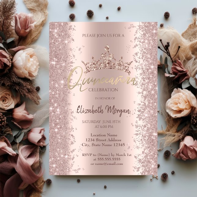 Chic Rose Gold Glitzer Staubkrone Quinceañera Einladung (Von Creator hochgeladen)