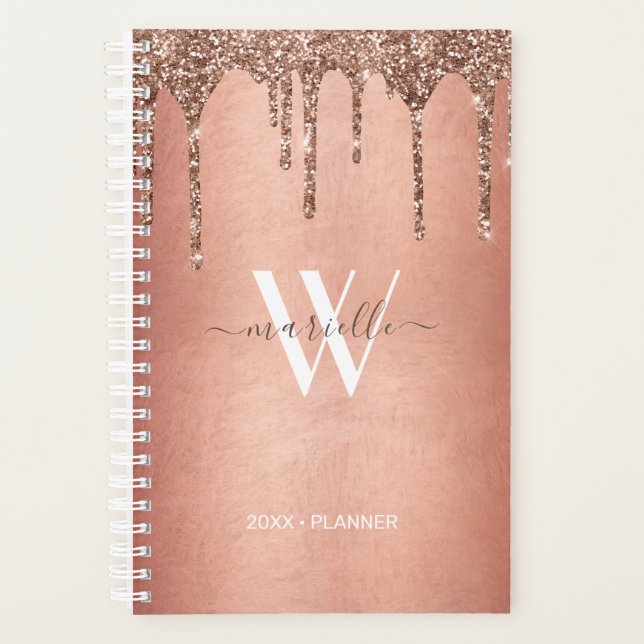 Chic Rose Gold Glitzer Tropfen Monogram Name 2025 Planer (Vorderseite)