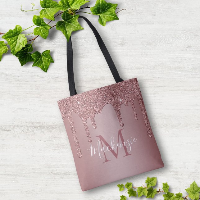 Chic Rose Gold Glitzer Tropfen Monogram Tasche (Chic Rose Gold Glitter Drips Monogram Tote Bag)