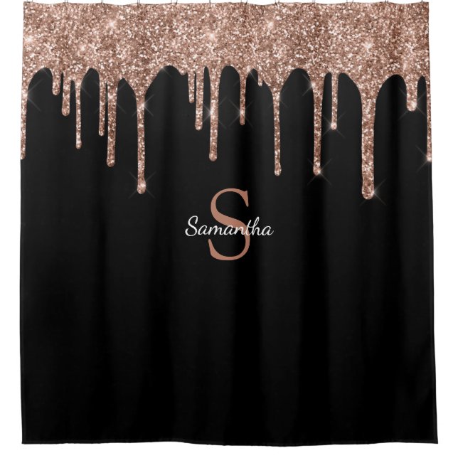 Chic Rose Gold Glitzer Tropfen Sparkle Monogram Na Duschvorhang (Vorderseite)