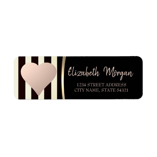 Chic Rose Gold Heart, Black Stripes-Adressetikett (Vorne)
