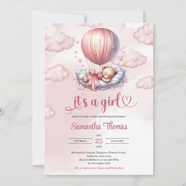 Chic Rose Gold ist ein Mädchen, das einen Teddybär Einladung (Vorderseite)