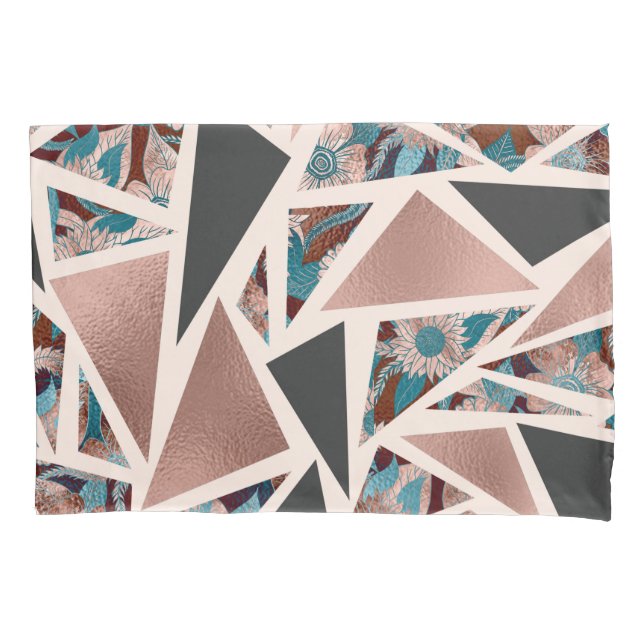 Chic Rose Gold Kupfer Aquamarin Black Floral Geome Kissenbezug (Vorderseite)