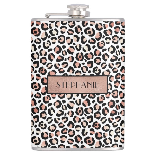 Chic Rose Gold Leopard Print Personalisiert Flachmann (Vorderseite)