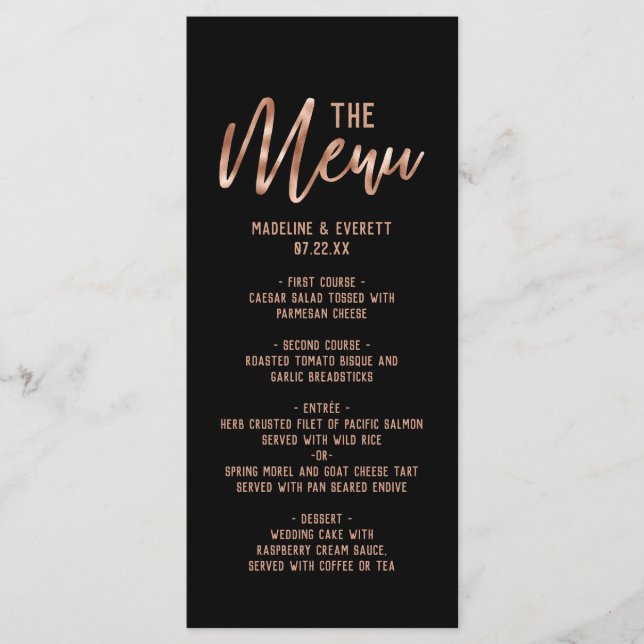 Chic Rose Gold Modern Typografy Wedding Menu Menükarte (Vorderseite)