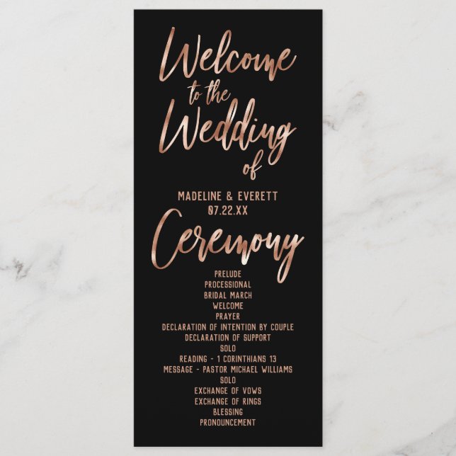 Chic Rose Gold Moderne Typografie Hochzeitsprogram Programm (Vorderseite)