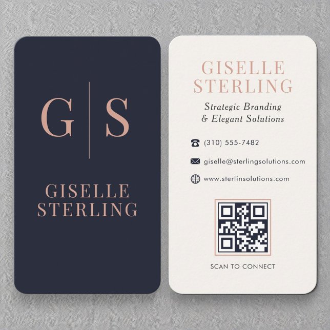 Chic Rose Gold Monogram Navy Blue QR Code Visitenkarte (Von Creator hochgeladen)