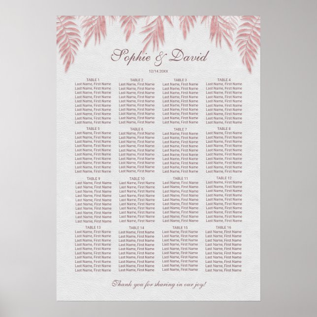 Chic Rose Gold Palm Blätter Hochzeitsliste Poster (Vorne)