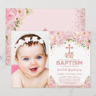 Chic Rose Gold Pink Glitzer Blumenbläsertaufen Fot Einladung